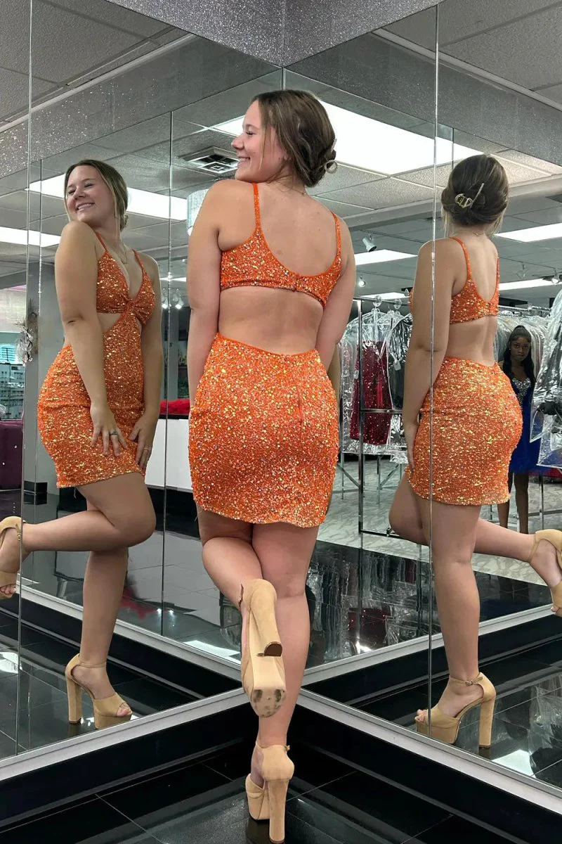 Orange Sequins V Neck Tight Mini Party Dresses