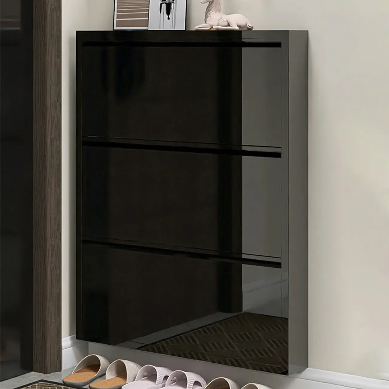 Gloss Black Wall Mounted Wooden Slim Drop Front Shoe Cabinet