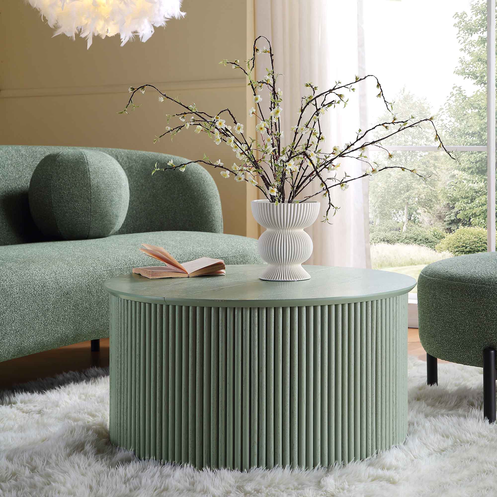 Oak Round Coffee Table with Storage, Sage Green