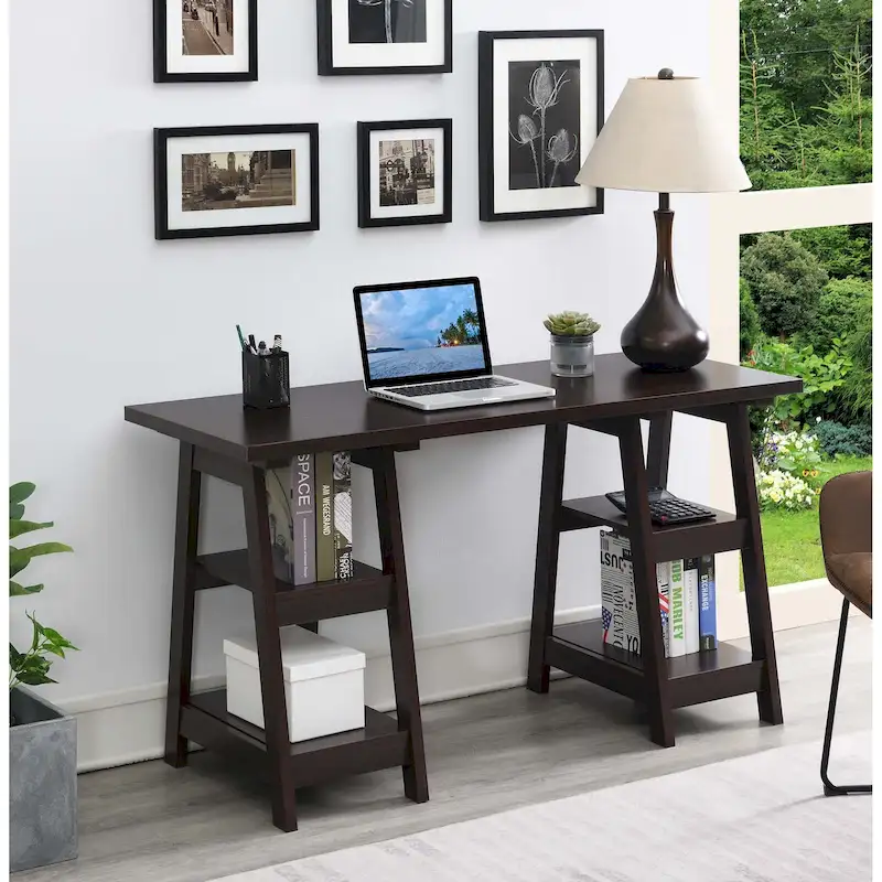Convenience Concepts Designs2Go Double Trestle Desk with Shelves