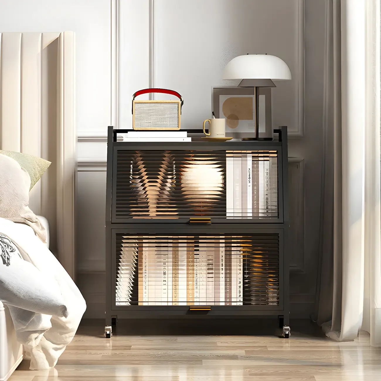 Modish Metal Black Bedside Cabinet with Clear Glass Doors