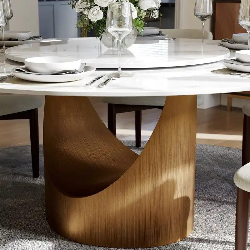 Modern Round Dining Table – White Sintered Stone Top & Bronze Carbon Pedestal