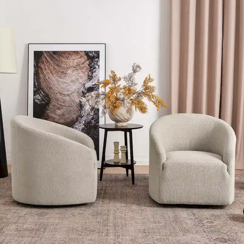 KINWELL 32 W Boucle Upholstered Swivel Barrel Armchair (Set of 2)