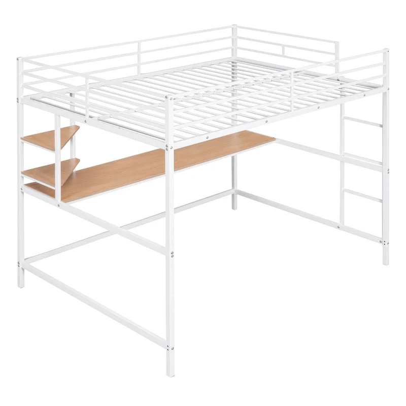 White Full Size Metal Loft Bed with Desk, Ladder & Shelves | Kids & Teens