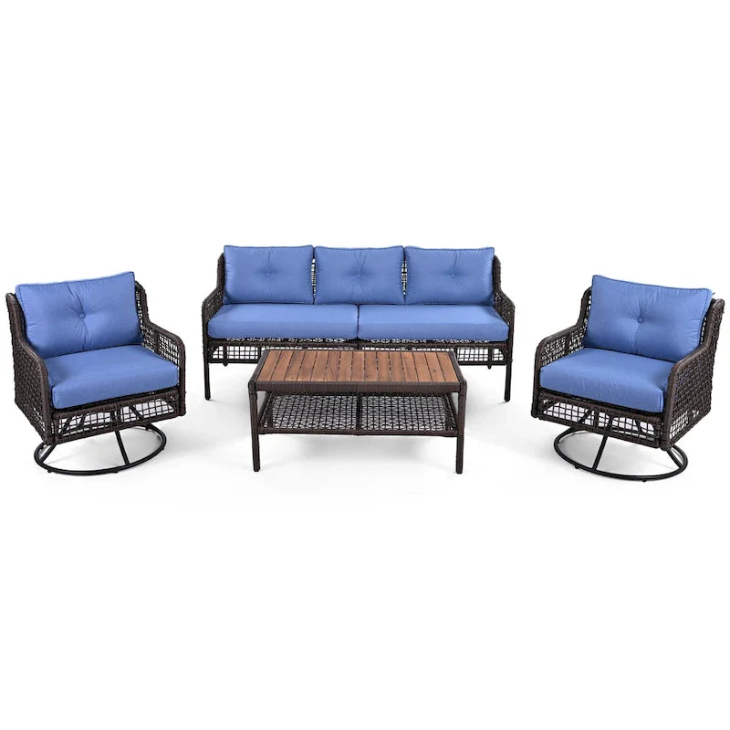4-Piece Rattan Conversation Sofa Set with Swivel Chairs & Table