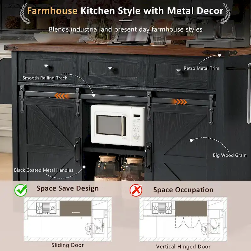 53.7 Farmhouse Kitchen Island With Power Outlet(no include stool)