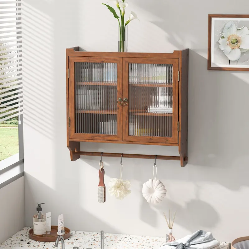 Roomfitters 24.8 Vintage Glass Door Wall Cabinet with Double Doors, Three-Tier Storage, and Towel Rack