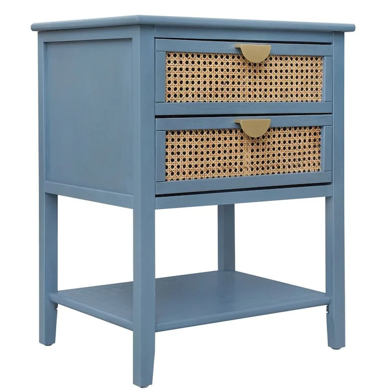 2-Drawer Natural Rattan Nightstand Side Table with Metal Handles - Bedroom End Table Sofa Table
