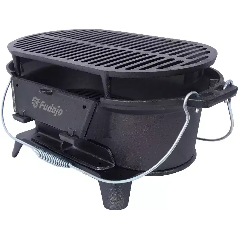Oval/Rectanglar Cast Iron Outdoor Table Grill Charcoal Tabletop Griddle for Camping,Parties,Portable BBQ Enamel-Coated Skillet with Grab Handle