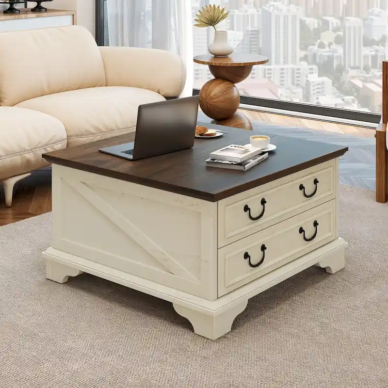 Moasis Lift Top Coffee Table Farmhouse Wood Central Table for Living Room with 2 Drawers and Hidden Storage Compartment