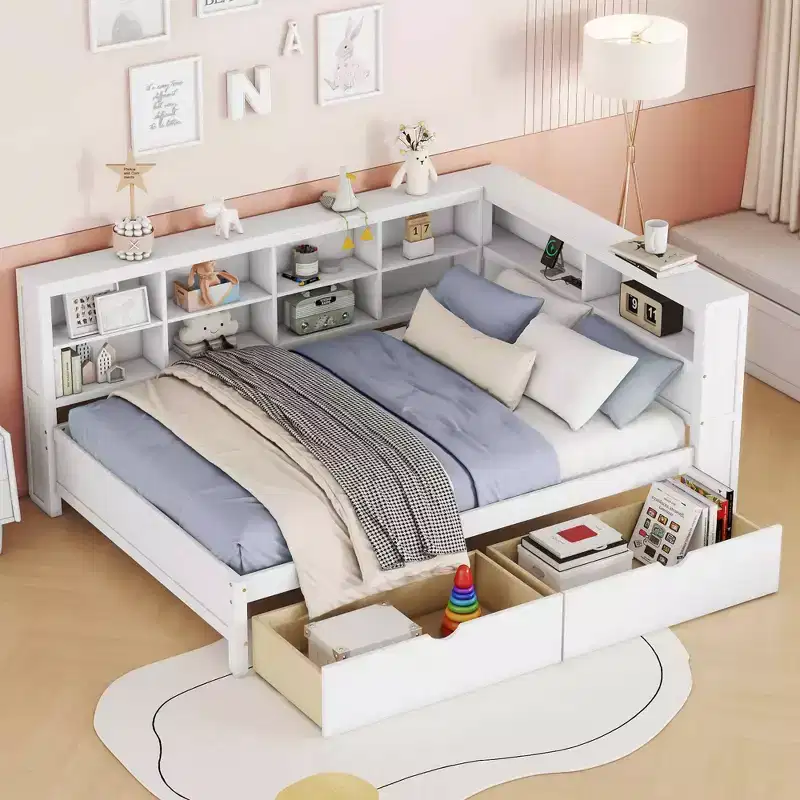MAYEERTY Wooden Full Size Daybed with 2 Drawers Storage Shelf and Ports for Bedroom White