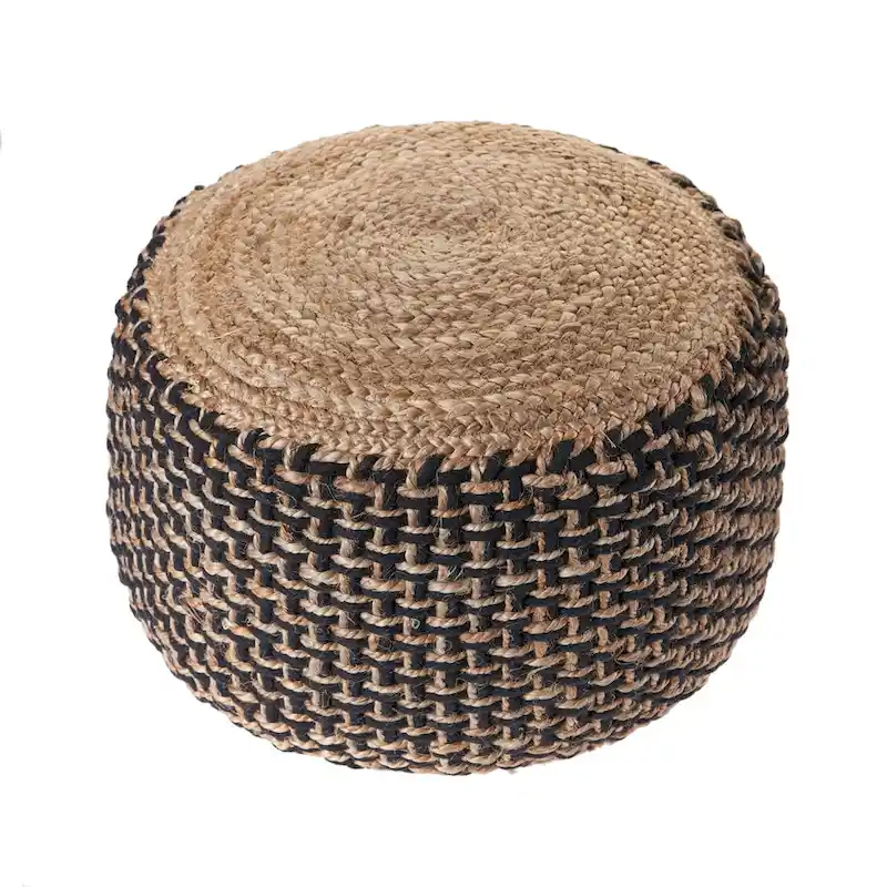 18 Brown and Black Braided Round Pouf Ottoman