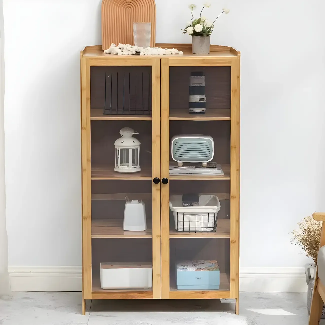 Adjustable Brown Bamboo Display Cabinet with Glass Door