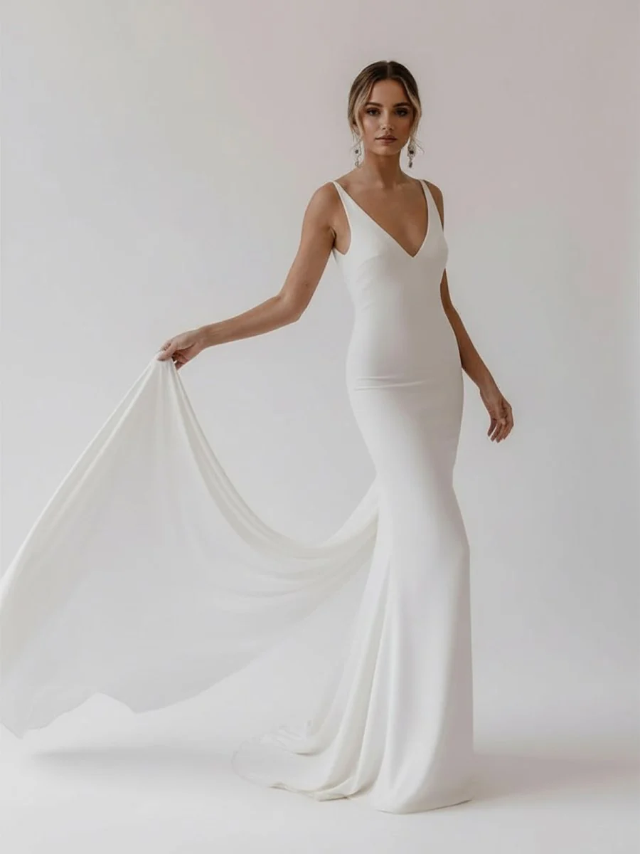 Mermaid Deep V-Neck Backless White Wedding Dress