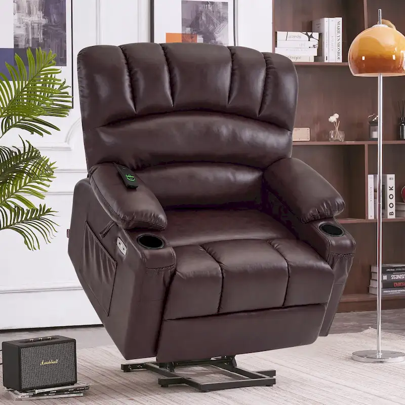 MCombo Power Lift Recliner Chair Sofa with Massage and Heat, Faux Leather R7096 (Medium-Wide)
