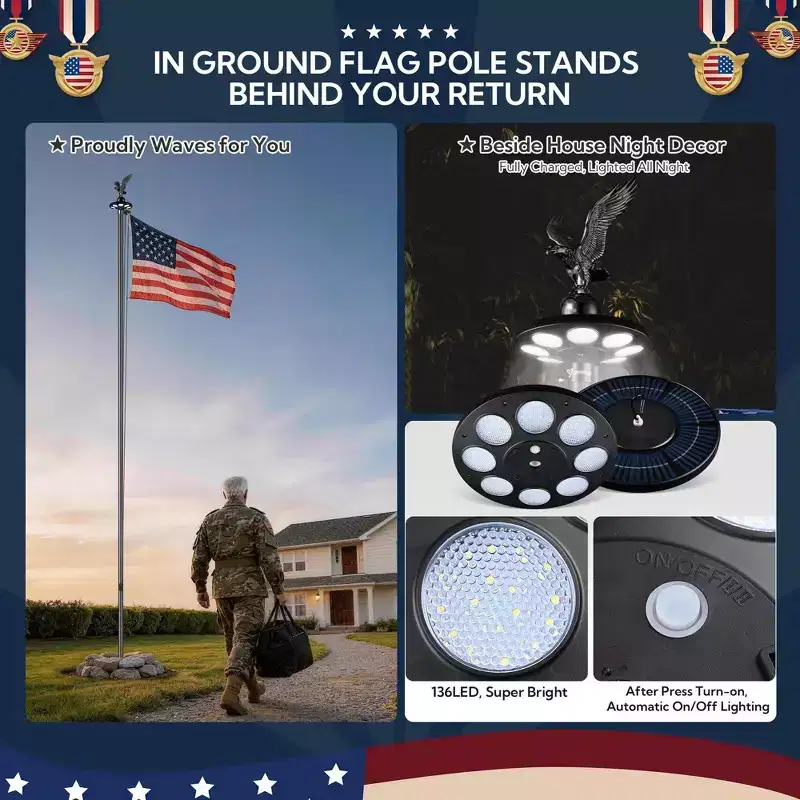 Yescom Bravery 20' Aluminum 13Gauge Sectional Flag Pole Kit w/ US Flag Eagle Topper for Outside House Outdoor Commercial Residential Home Inground