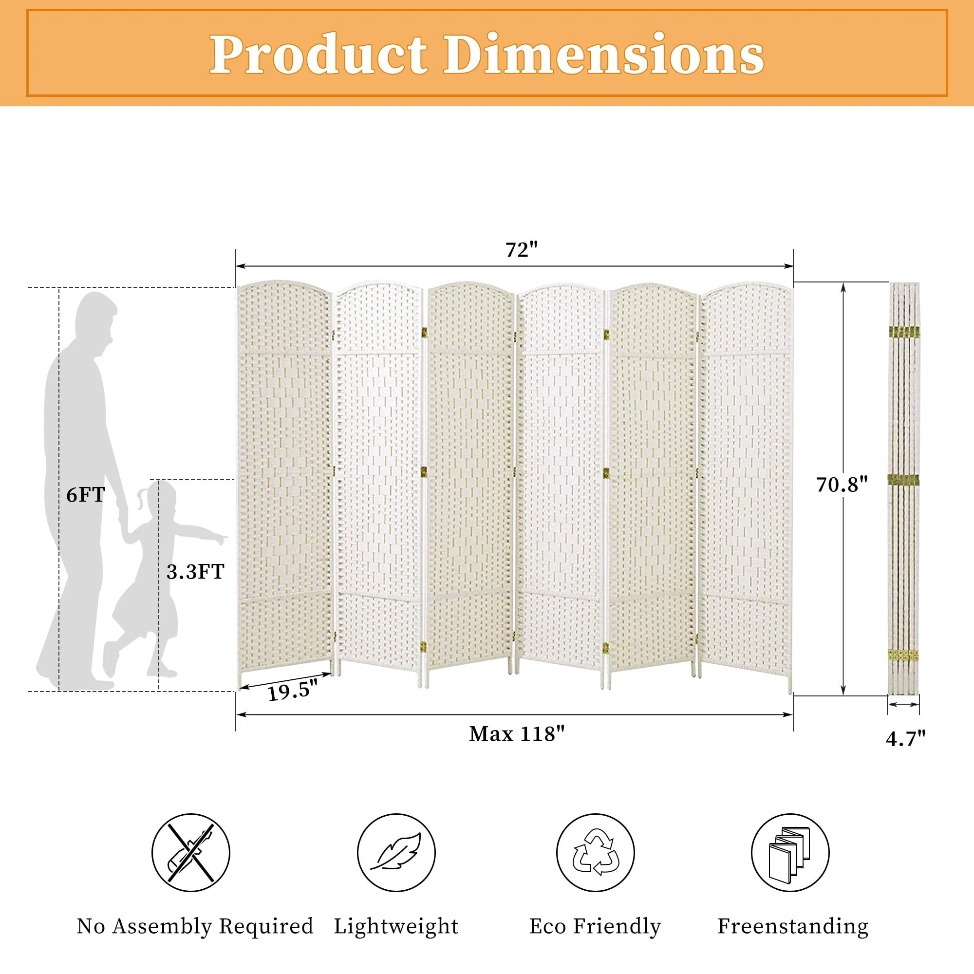 Room Divider 6 FT Tall Weave Fiber Freestanding Privacy Screen Folding Screen