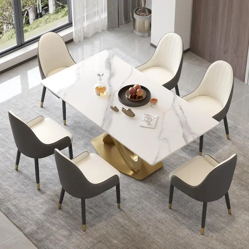 White / Black Sintered Stone Dining Table, Gold Stainless Steel Base, Seats 4–6