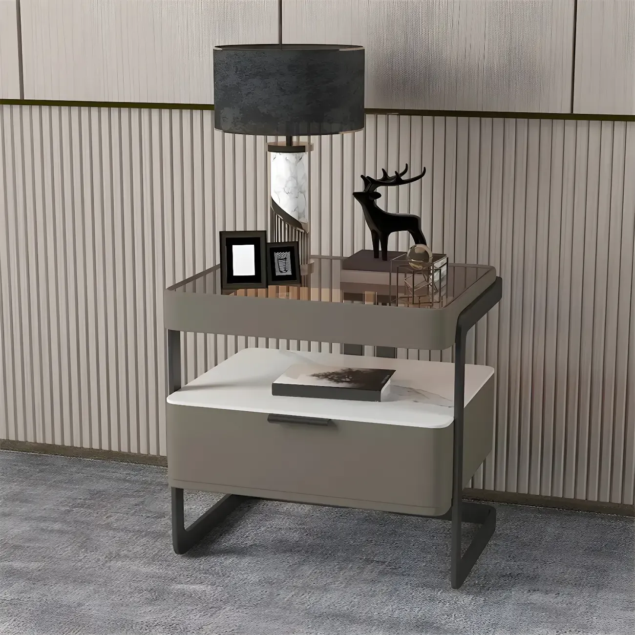 Modern Wood Nightstand with Glass Countertop and Drawer