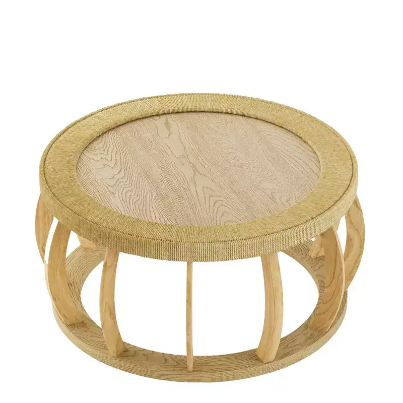 GDFStudio Olumide Bohemian Wooden Round Coffee Table with Curved Legs and Rattan Design