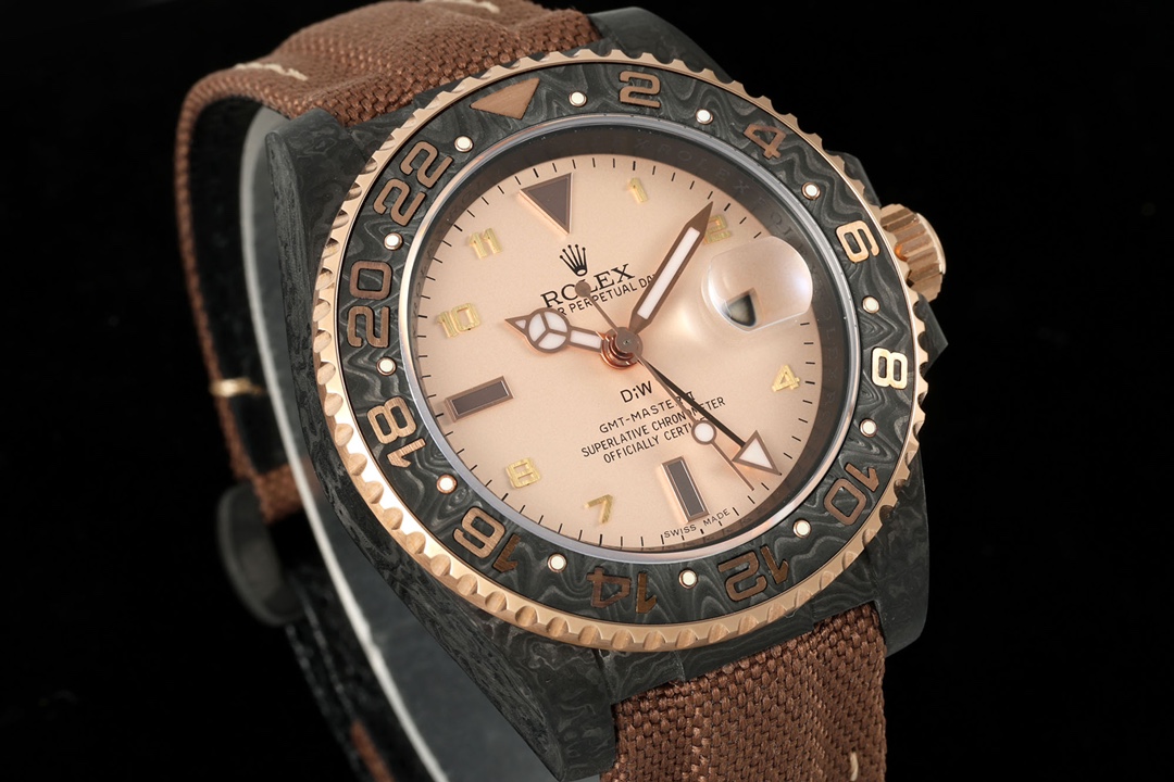 Angled view of the rolex replica with brown fabric strap and cyclops lens
