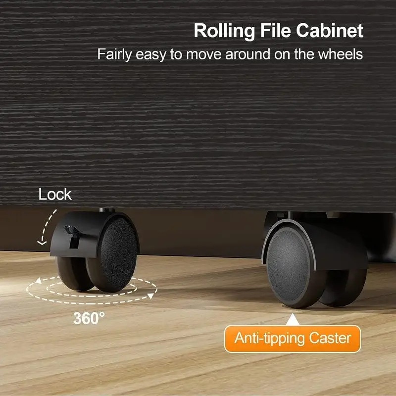 2-Drawer Rolling Wood File Cabinet with Lock