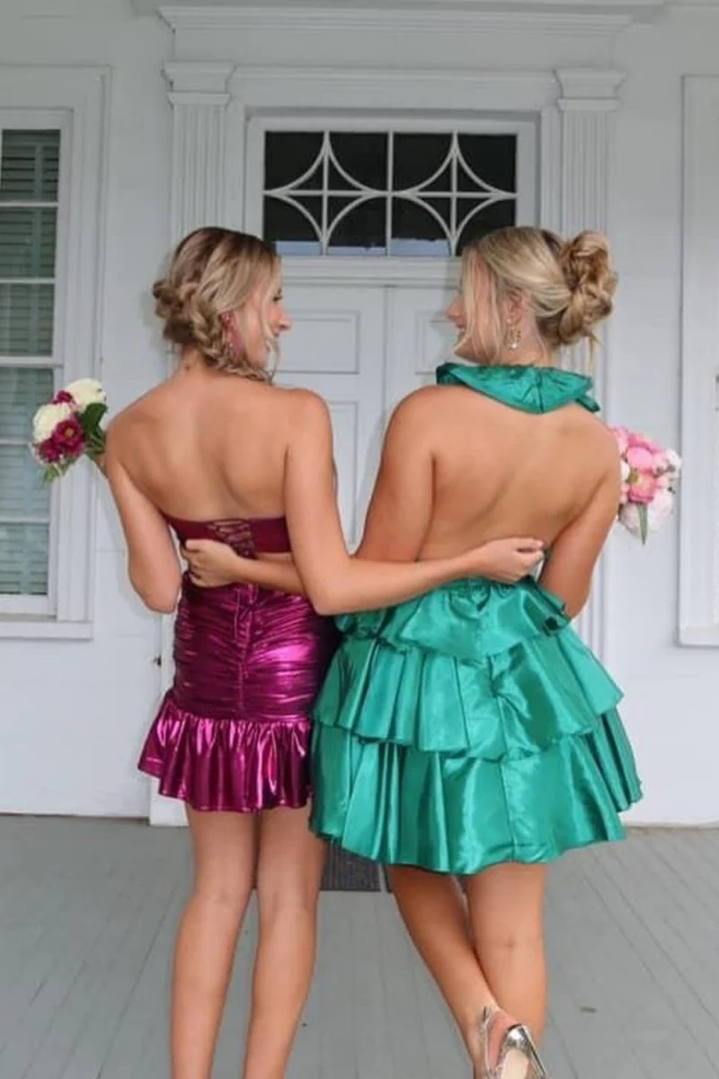 Magenta- Sheath Strapless Metallic Ruffles Pleated Short Homecoming Dress