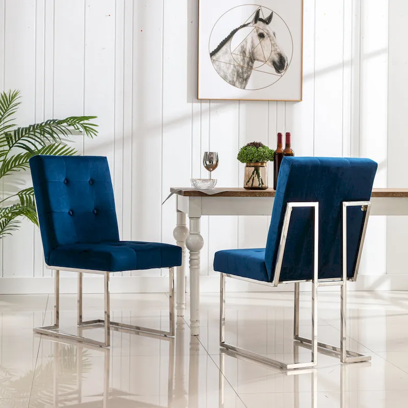 Velvet Upholstered Dining Side Chairs Set of 2, Navy Blue