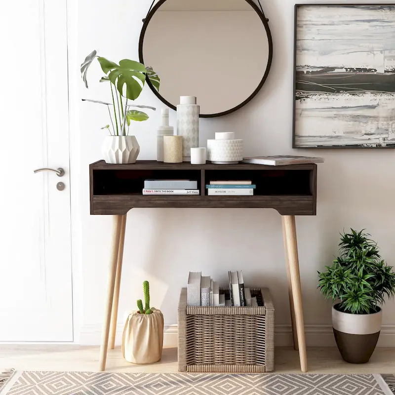 Mid-Century Modern Console Table | Espresso / Black / Walnut / Weathered | 2-Shelf | 1-Person