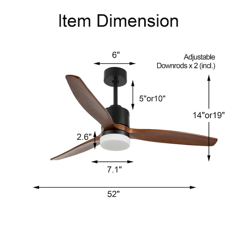 52  Farmhouse Solid Wood Ceiling Fan with Dimmable LED Light, 3-Speed Reversible Ceiling Fan with Remote