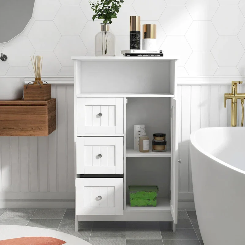 Standing bathroom storage cabinet with 3 drawers and 1 door