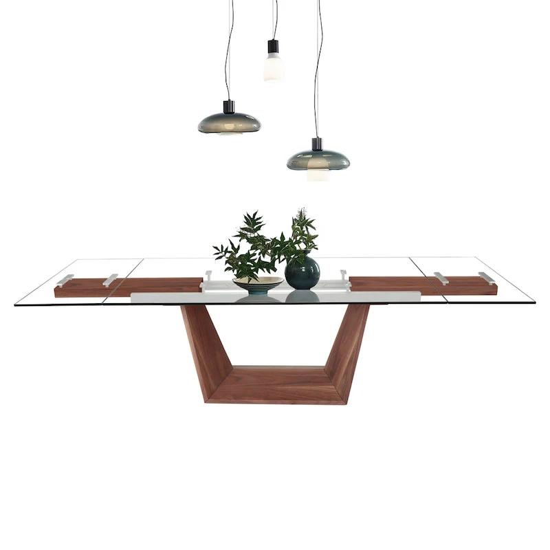 71-106 Inch Extendable Glass Top Dining Table with Walnut Veneer Wood Legs, Seats 6-10 People, Modern Design