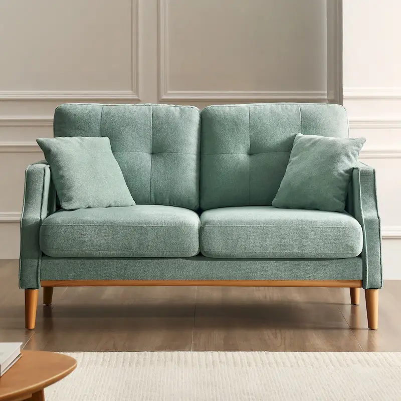 2-Seater Mid-Century Loveseat Sofa with USB Ports – Baby Blue / Cream / Dark Blue