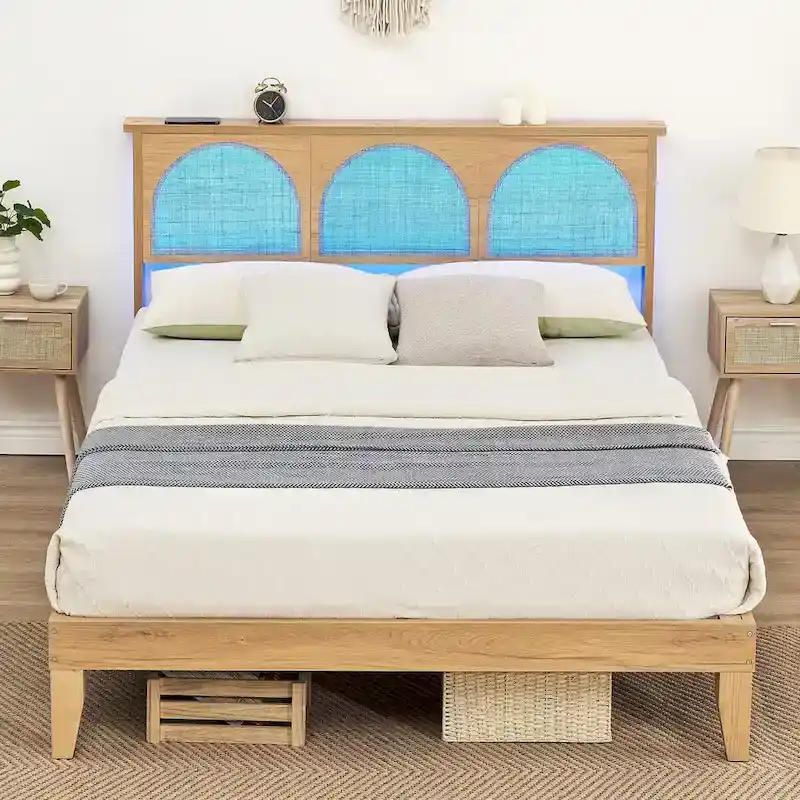 Bed Frame with Natural Rattan Headboard