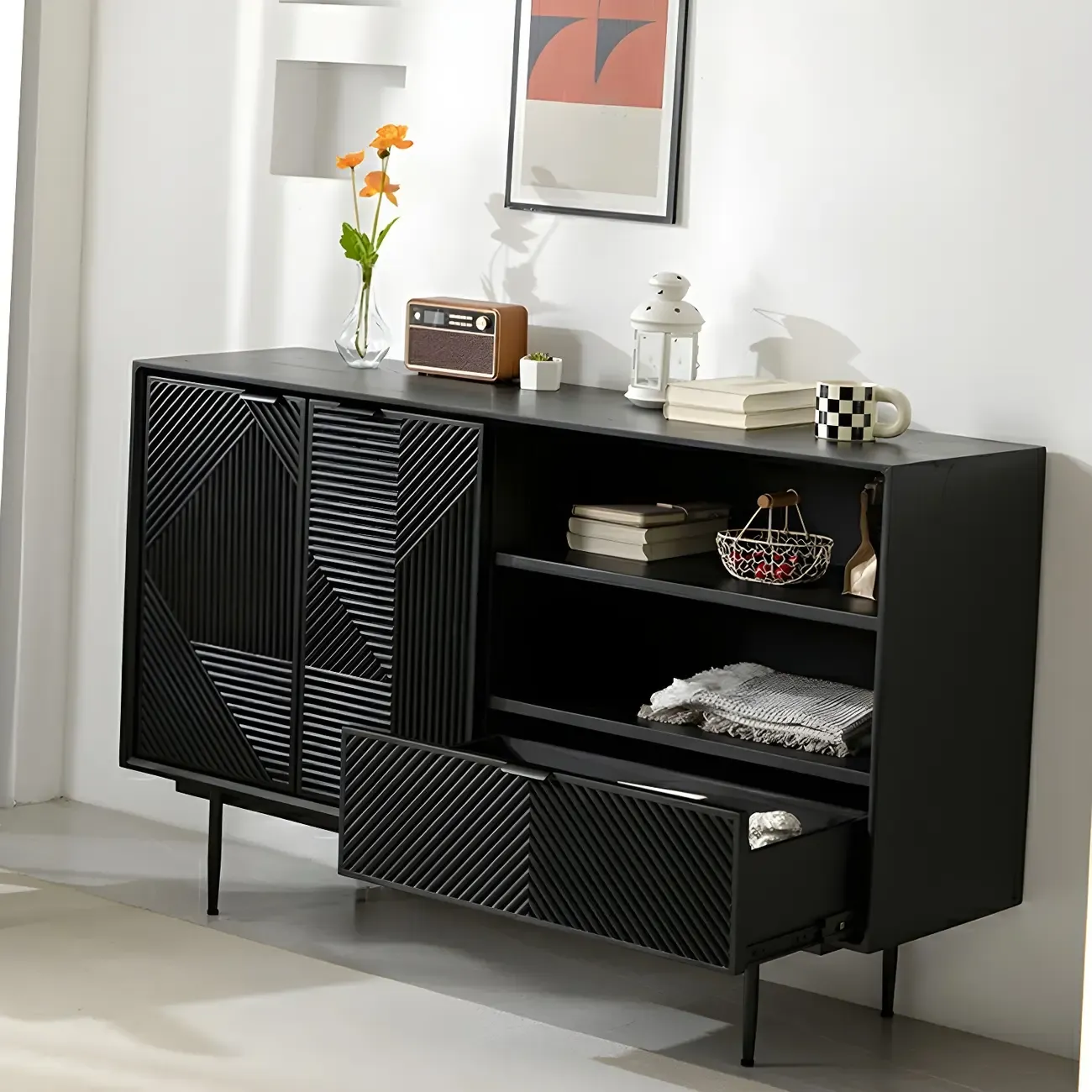 Geometric Black Wooden Sideboard with Drawer & Cabinet