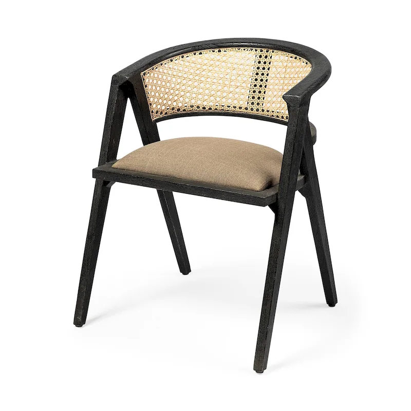 Tabitha Beige Fabric Seat With Black Solid Wood Frame and Cane Back Dining Chair - 22.5L x 20.0W x 29.0H