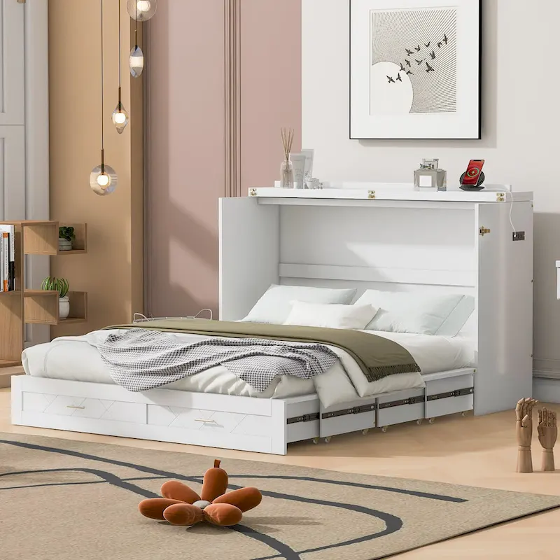 White/Gray Murphy Bed Cabinet with Drawers, USB Ports & Outlets – Queen/Full