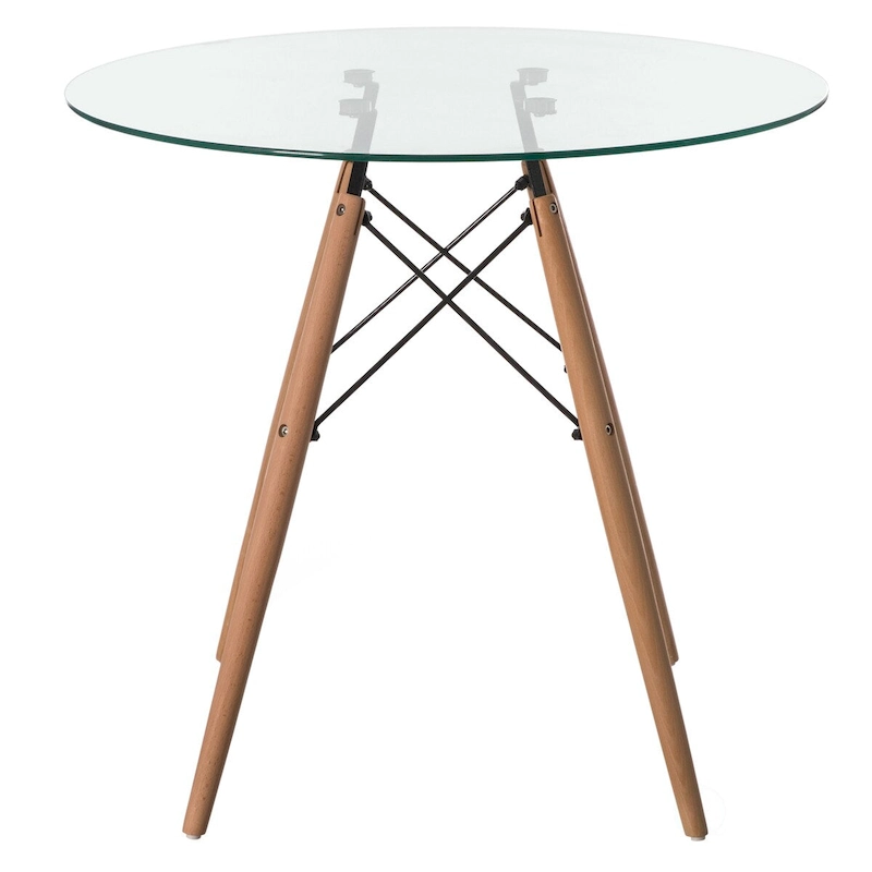 Round Clear Glass Top Accent Dining Table with 4 Beech Solid Wood Legs