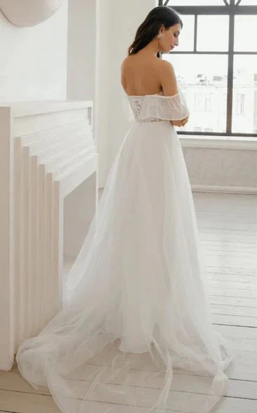 Bohemian A Line Sweetheart Sweep Train Wedding Dress with Split Front