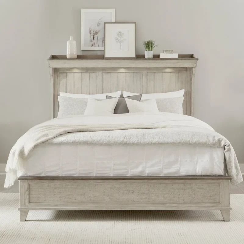White Weathered Linen King Mantle Panel Bed with Touch LED Headboard & Dusty Taupe Accents – 2-Person