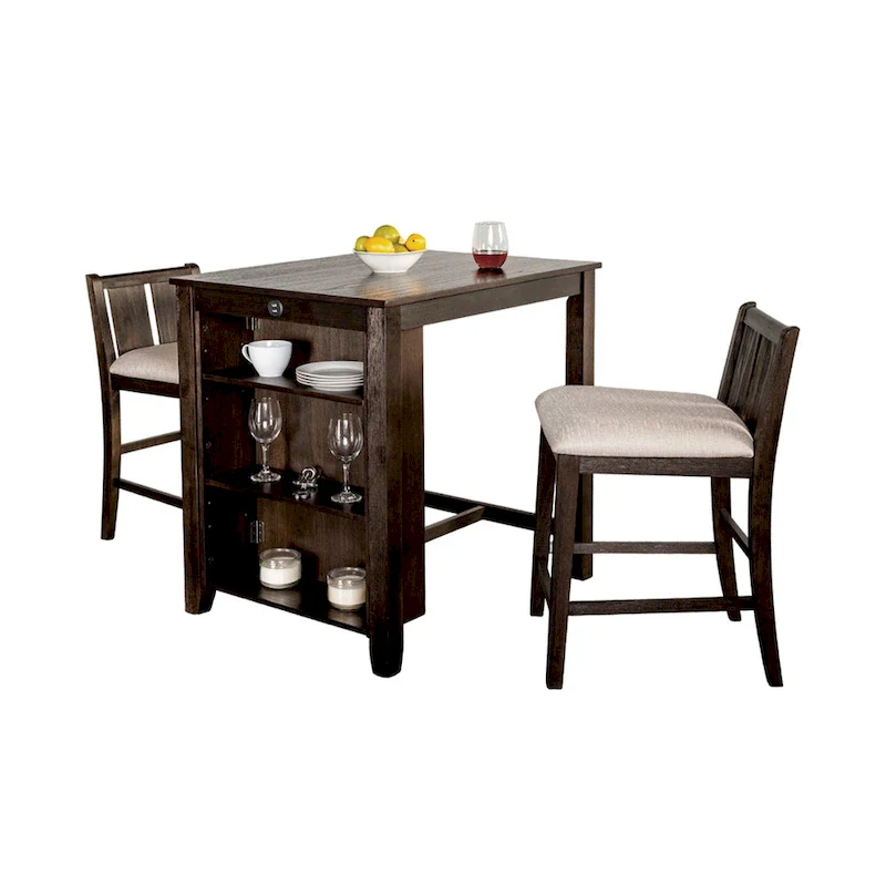 Lessi 3pc Counter Height Table Set with Side Shelf, USB , Cherry Brown Wood