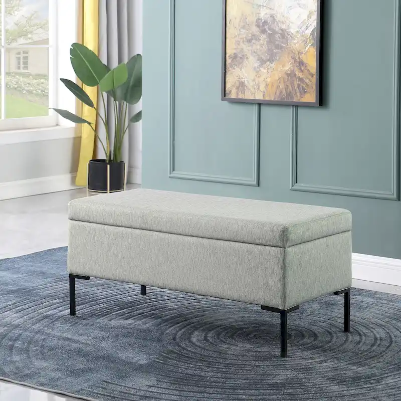 Gray Woven / Caramel Faux Leather Storage Bench with Black Metal Legs – 2-Person