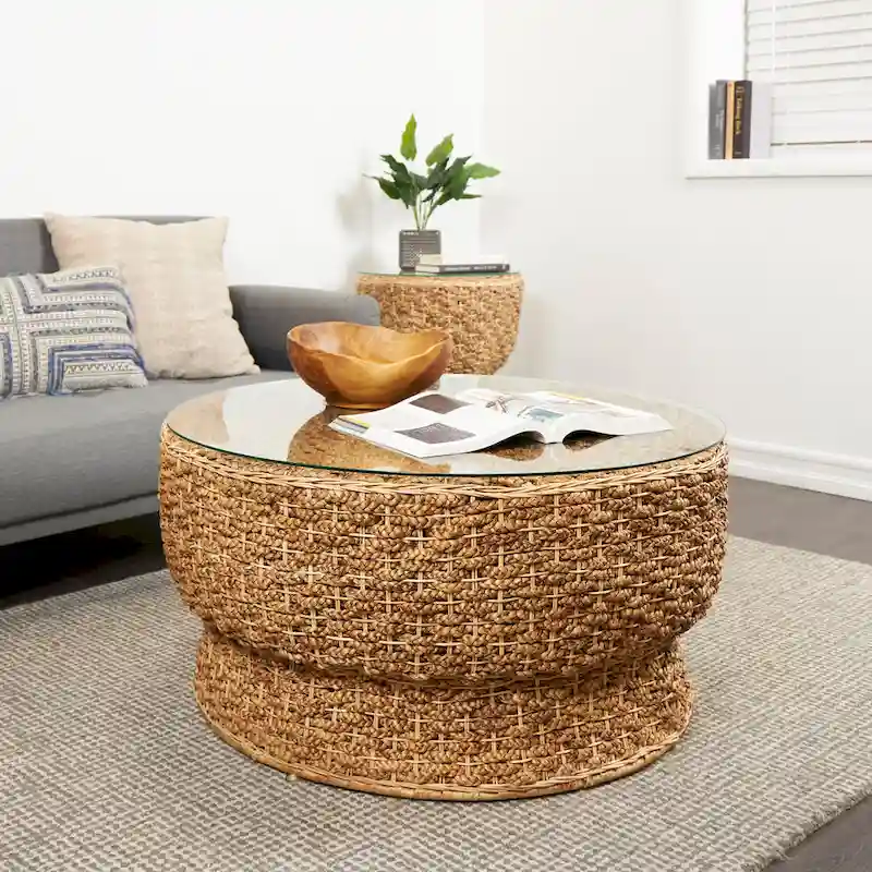 Rattan and Seagrass Handmade Woven Tapered Coffee Table or Accent Table with Glass Top Brown Roche River Decor
