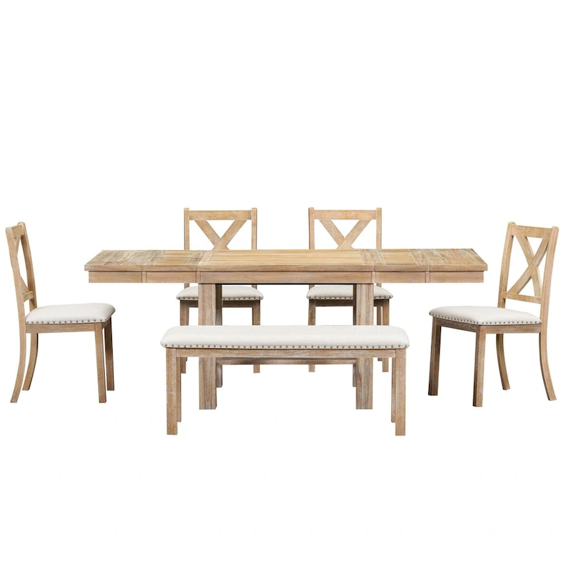 Farmhouse 6-Piece Extendable Dining Table Set with 11 Leaves, Acacia Wood Construction, Black Table, Beige Cushion, Seats 6