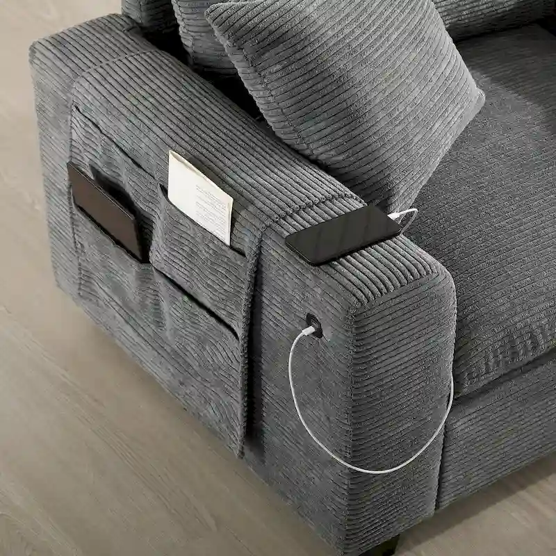 U Shaped Chenille Sofa w/Ottoman,Console,Cup Holder,Wide Seat,USB