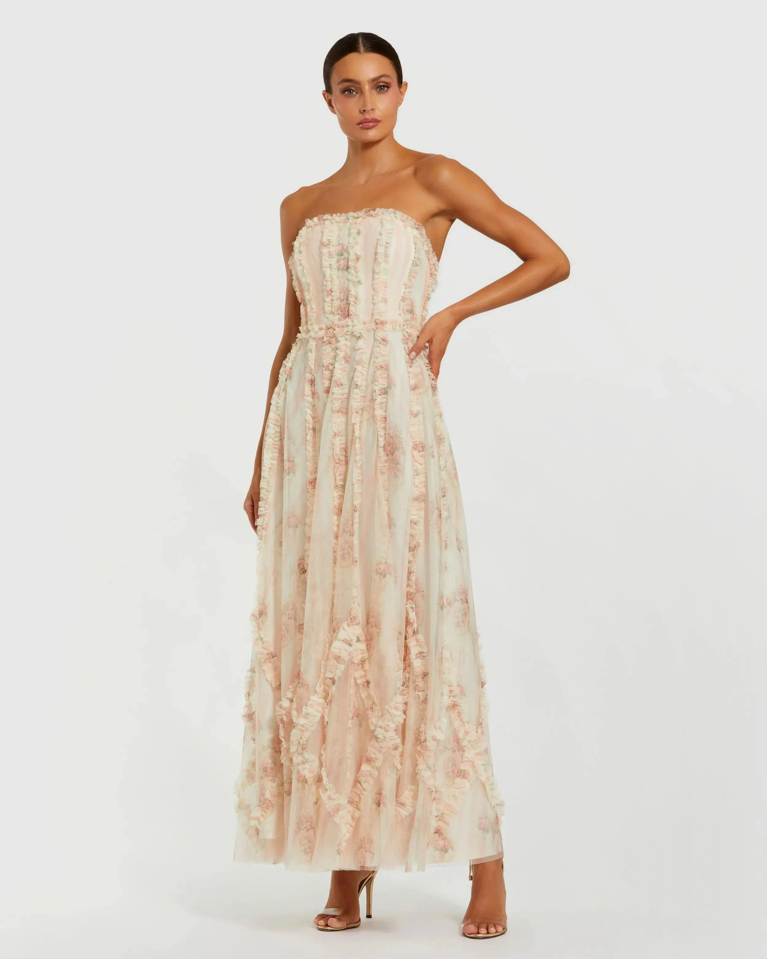 Pink and White Strapless Floral Ruffle Dress