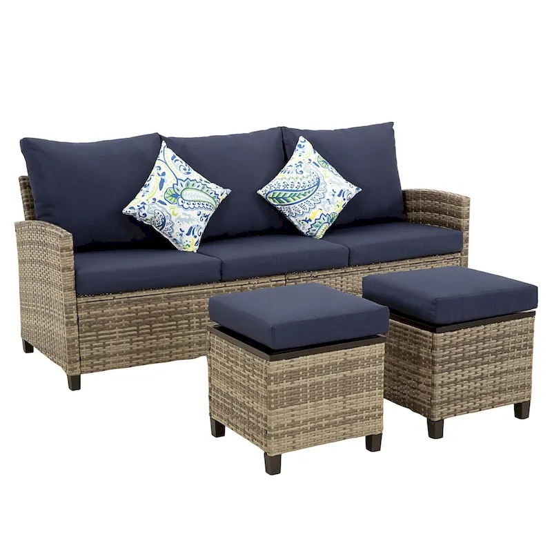 5-Piece 3-Seater Outdoor Wicker Sofa Couch with Comfy Cushions