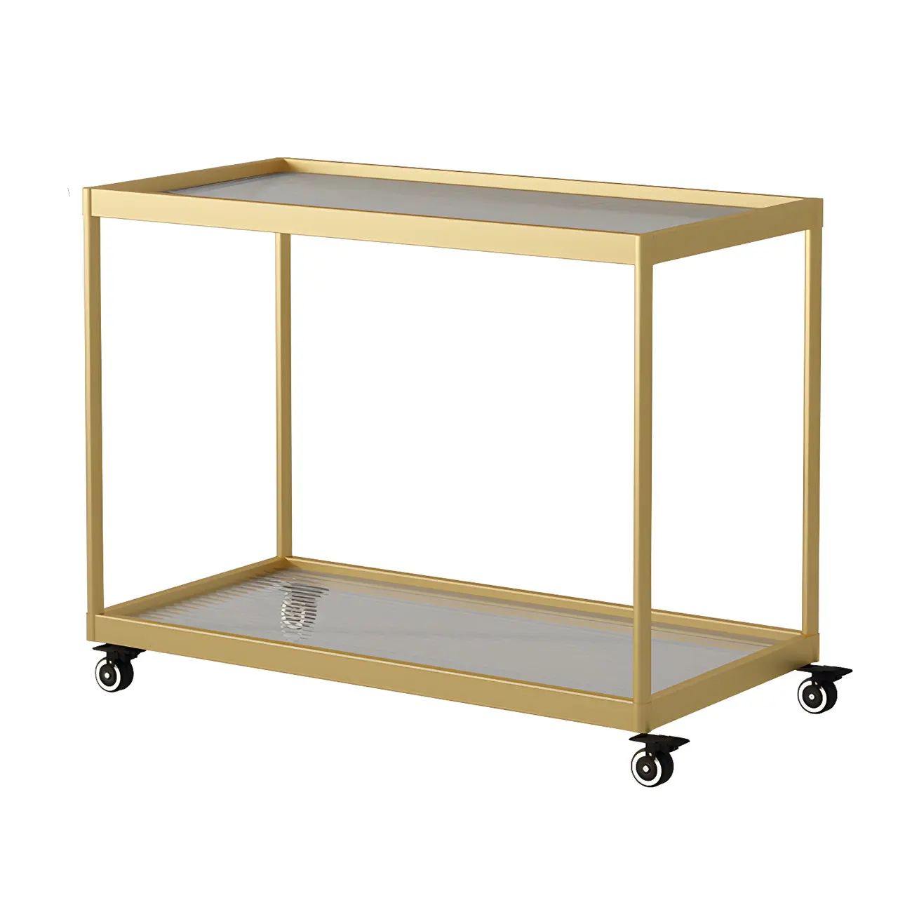 Gold Glass Rectangular Top Shelf Side Table on Wheels