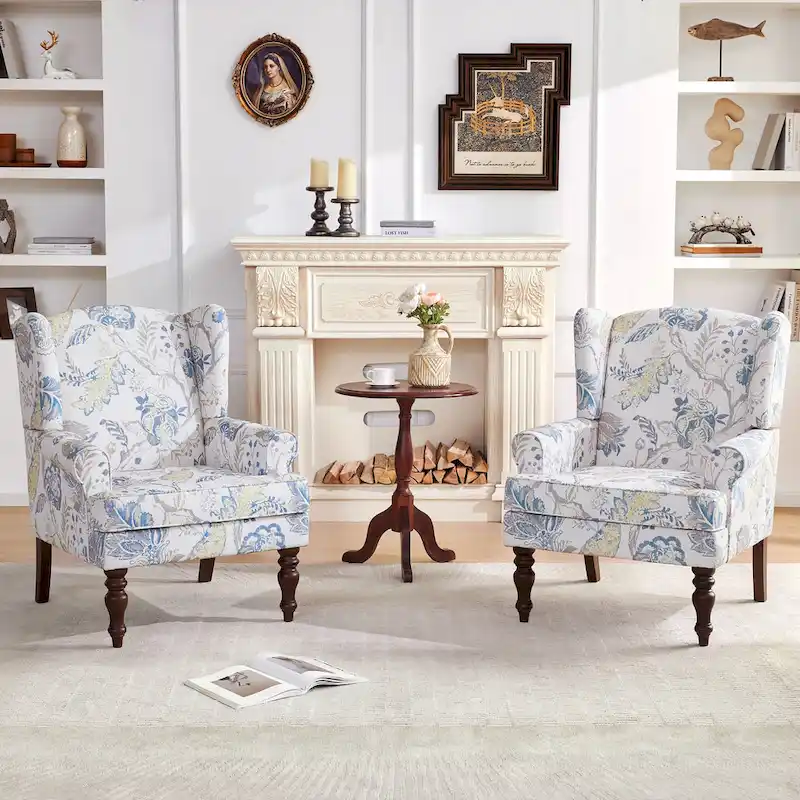 Accent Armchair with Turned Legs Set of 2 Blue/ Beige / Grey
