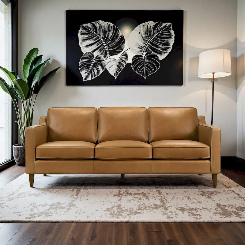 Madeline Mid Century Modern Furniture Genuine Leather Couches in Cognac Tan